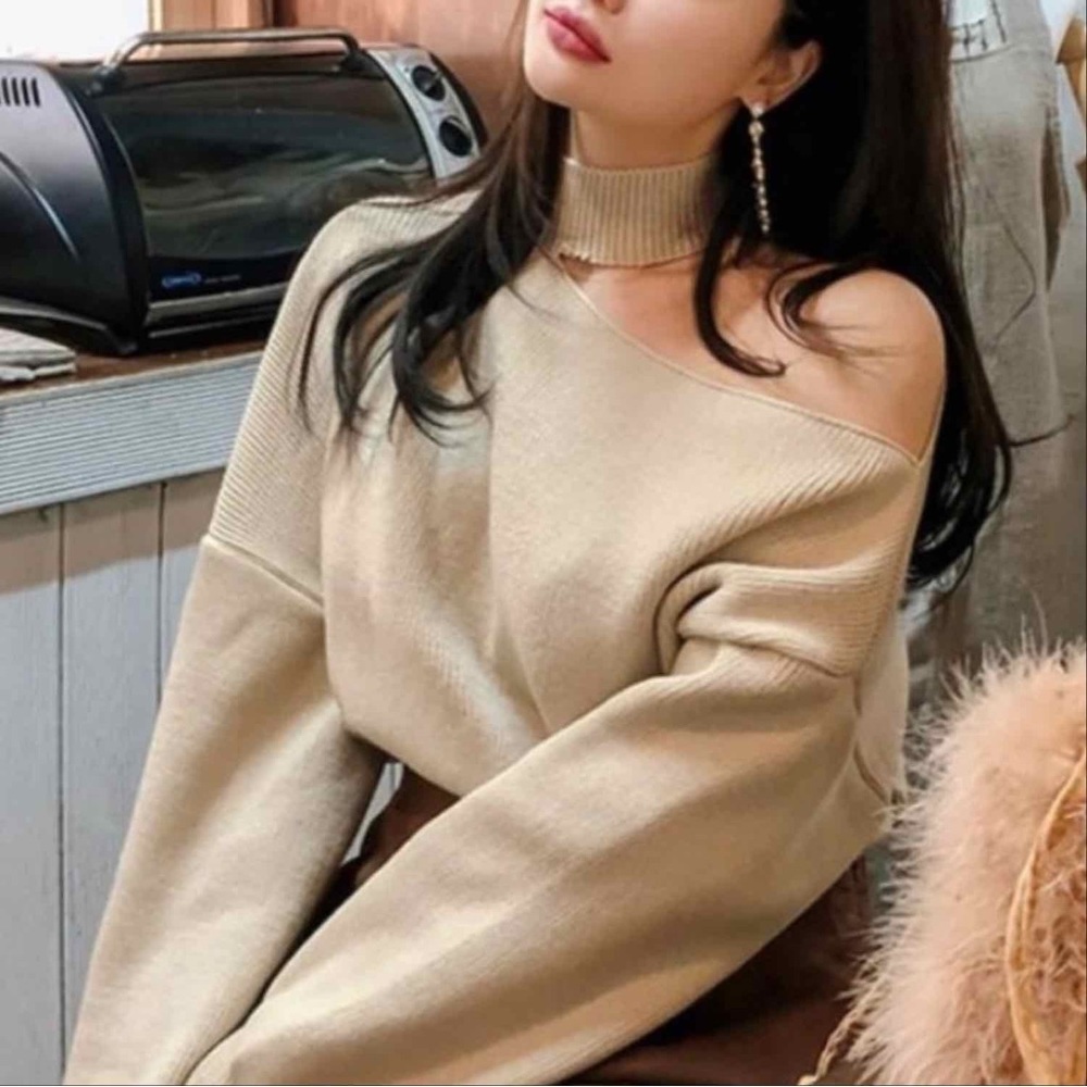 T&J Designs Off-the-Shoulder Beige Knit Sweater